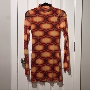 Urban Outfitters Alessia Mesh Mini Mock Neck Pattern Long Sleeve Dress